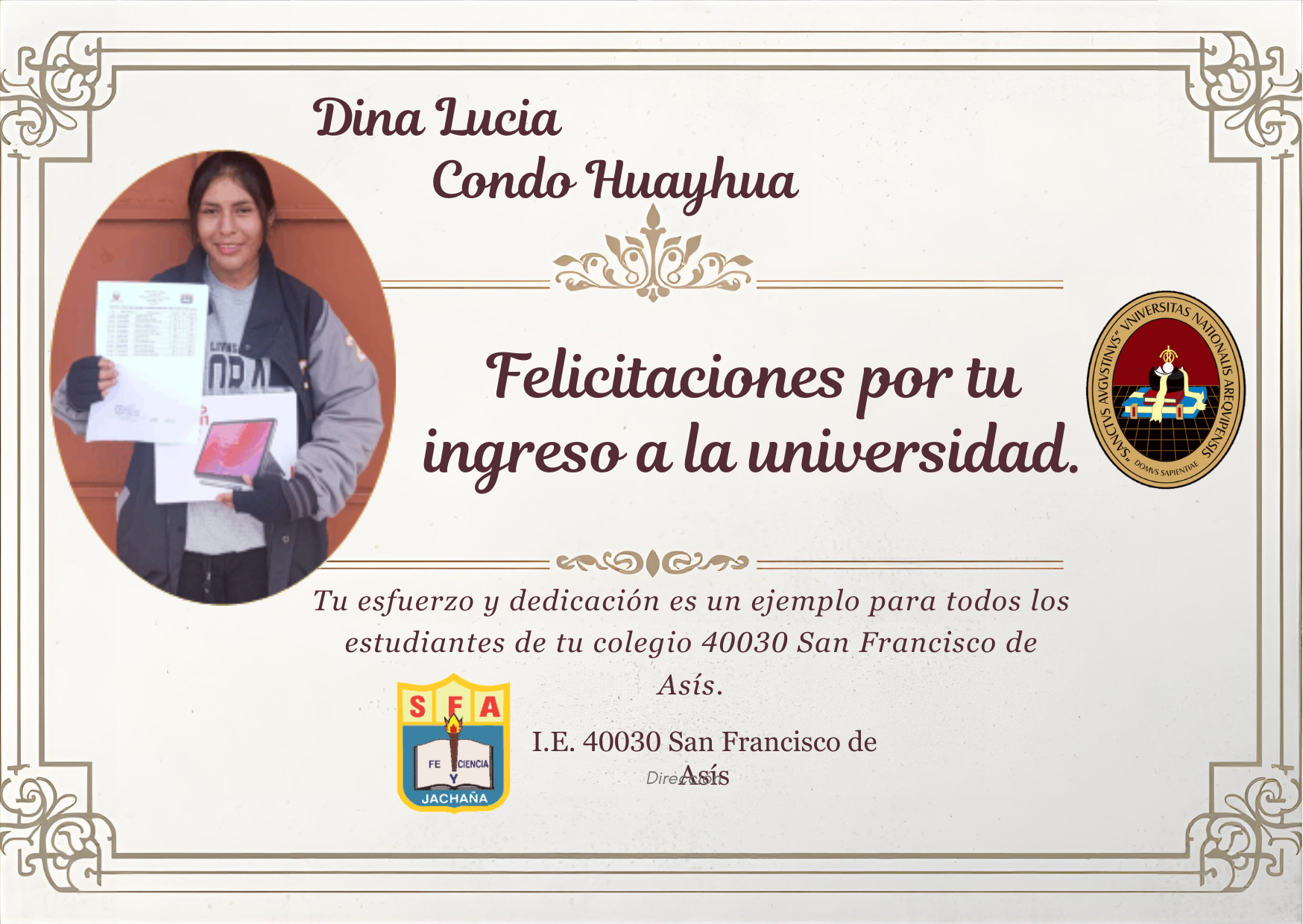 Felicitaciones Dina Lucia Condo Huayhua